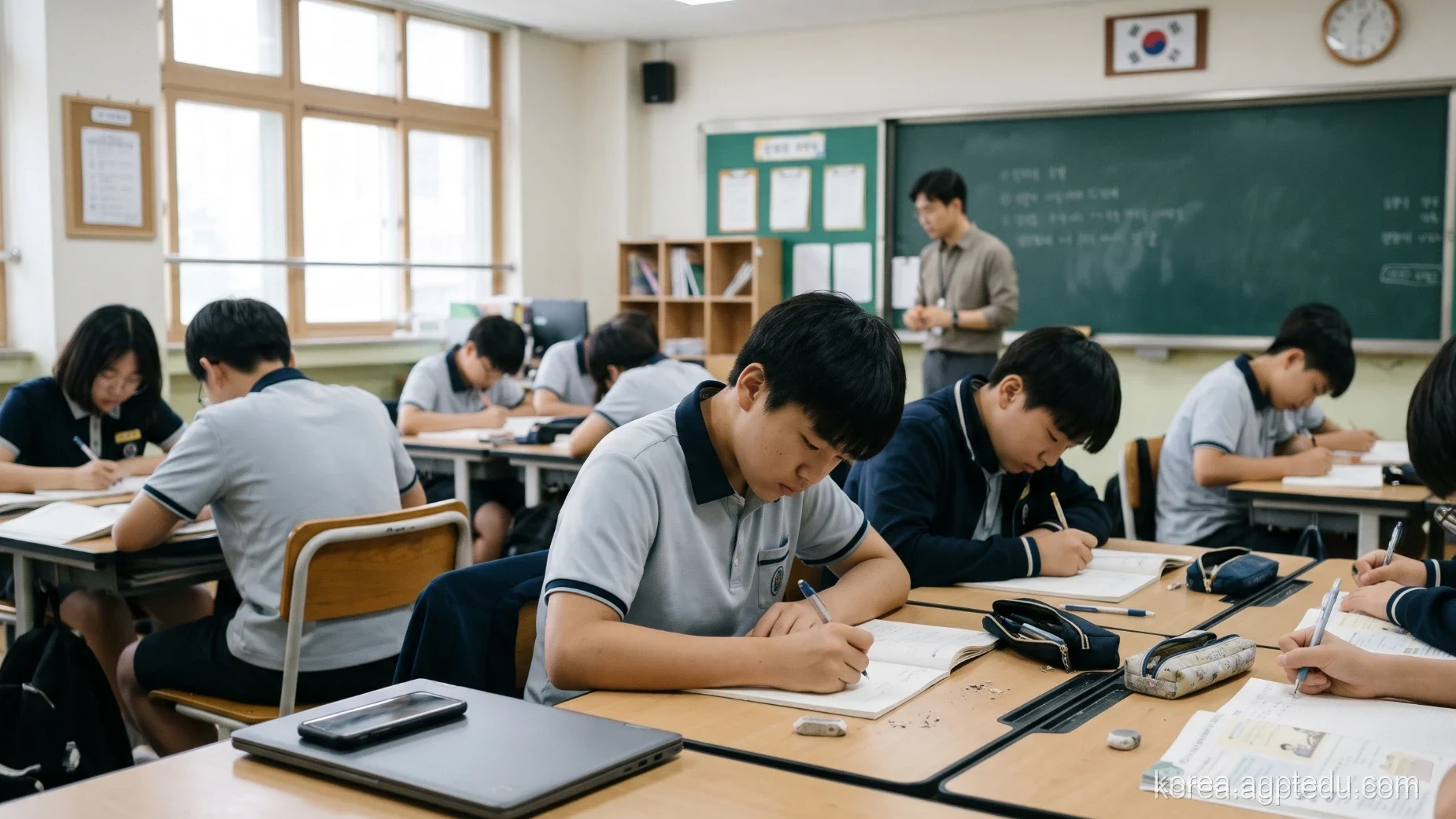 노트북과 휴대폰을 덮어 둔 채 공책에 손으로 쓰며 공부하는 중학생들, 생성형 AI 없는 교실을 AI로 표현한 예시 이미지